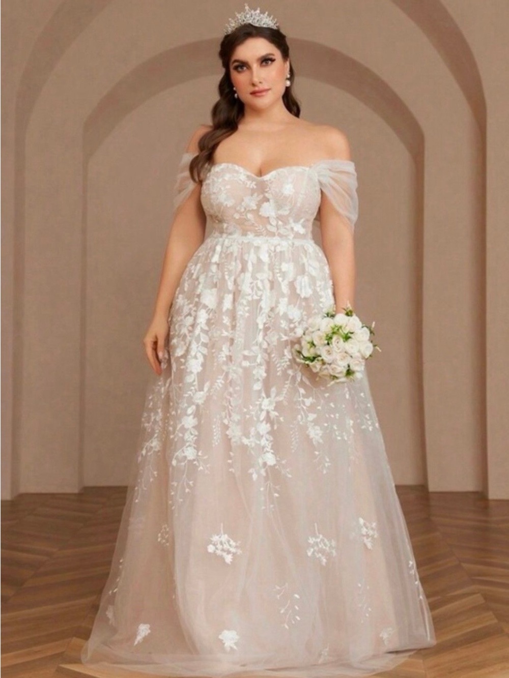 NWT Off-Shoulder Floral Lace A-Line Wedding Dress in Blush